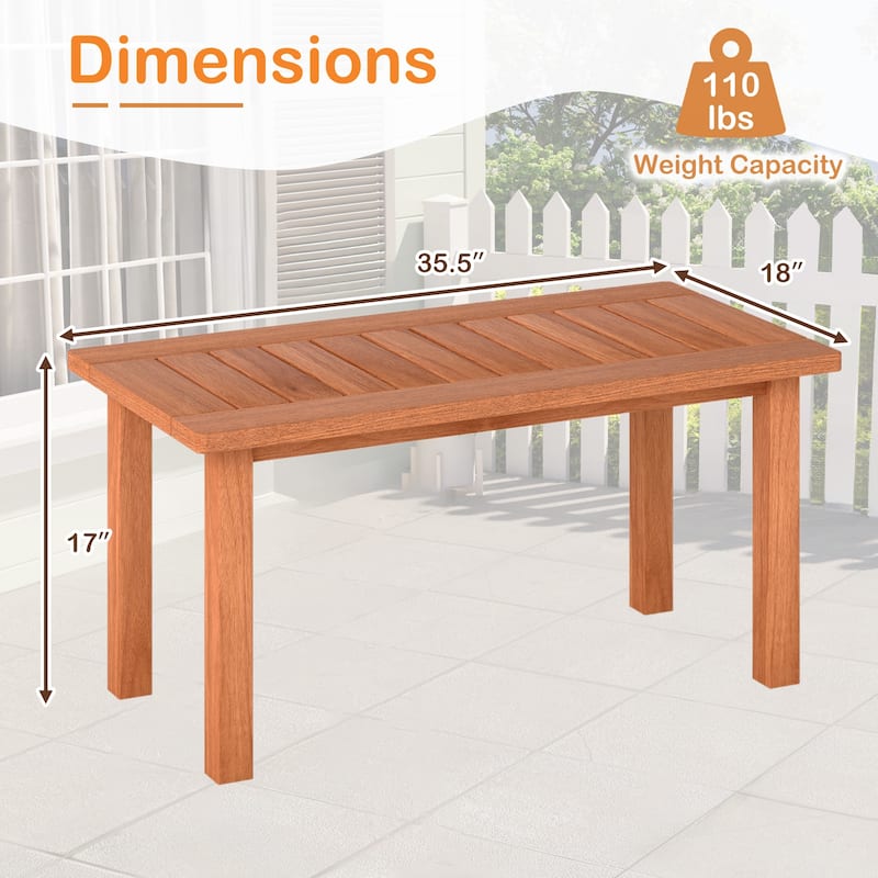 Natural Wooden Outdoor Rectangular Coffee Table with Slatted Top for Garden or Backyard - 35.5" x 18" x 17"