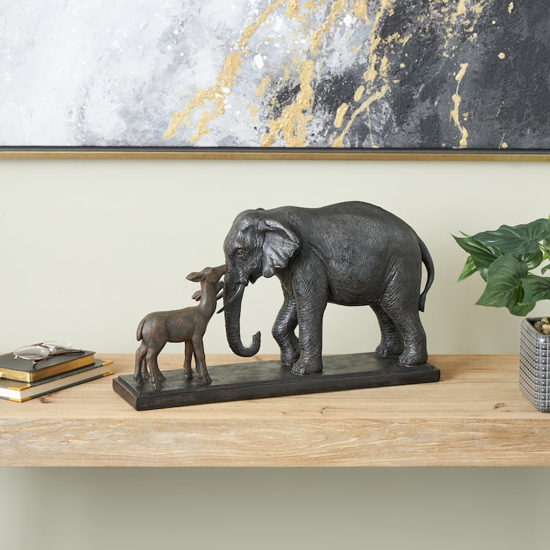 Black Resin Walking Elephant Decorative Sculpture with Dark Brown Deer - 6"W x 20"L x 11"H
