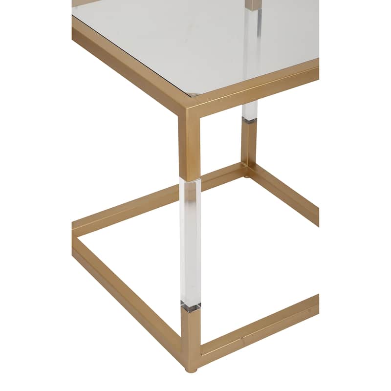 Metal Floral Cube Shaped Accent Table with Clear Glass Top and Acrylic Legs - Silver or Gold - Roche River Decor