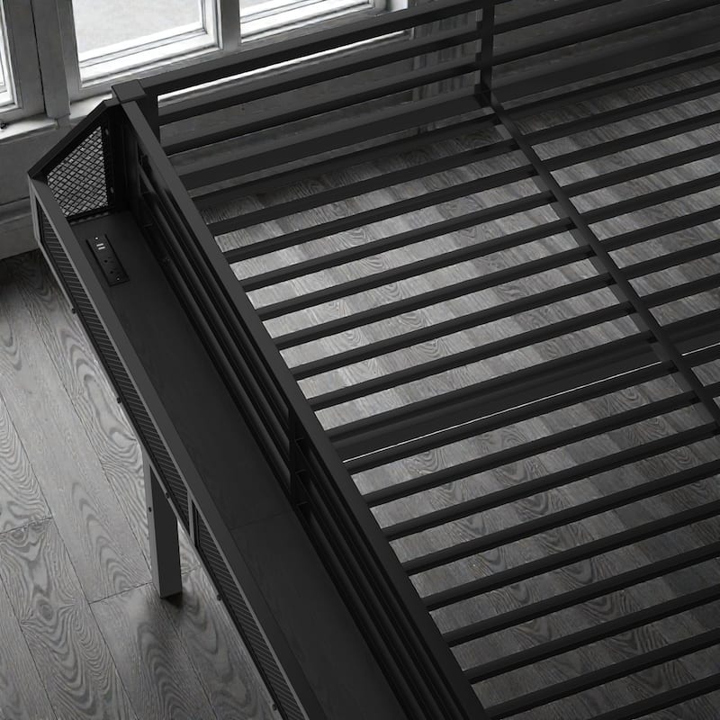 Metal Loft Bed with Storage Stairs, Built-in Wardrobe, Shelves, USB Ports, LED Lights & Noise-Reduced Frame