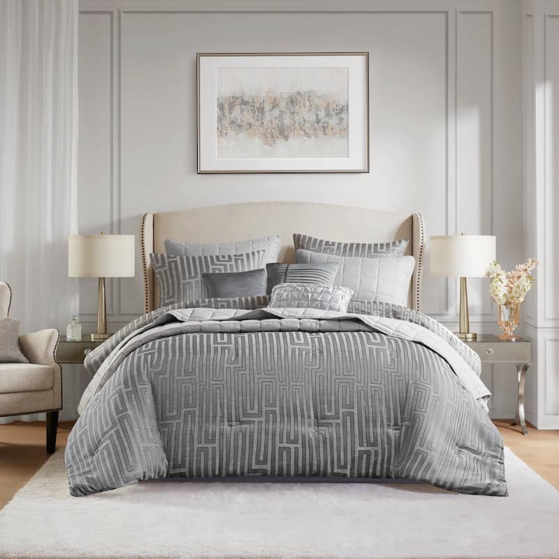 Madison Park Royce 10 Piece Luxury Jacquard Comforter Set - Grey - Queen