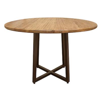 Asic 47 Inch Dining Table, Round, Hollow Black Metal Frame, Brown Wood Top