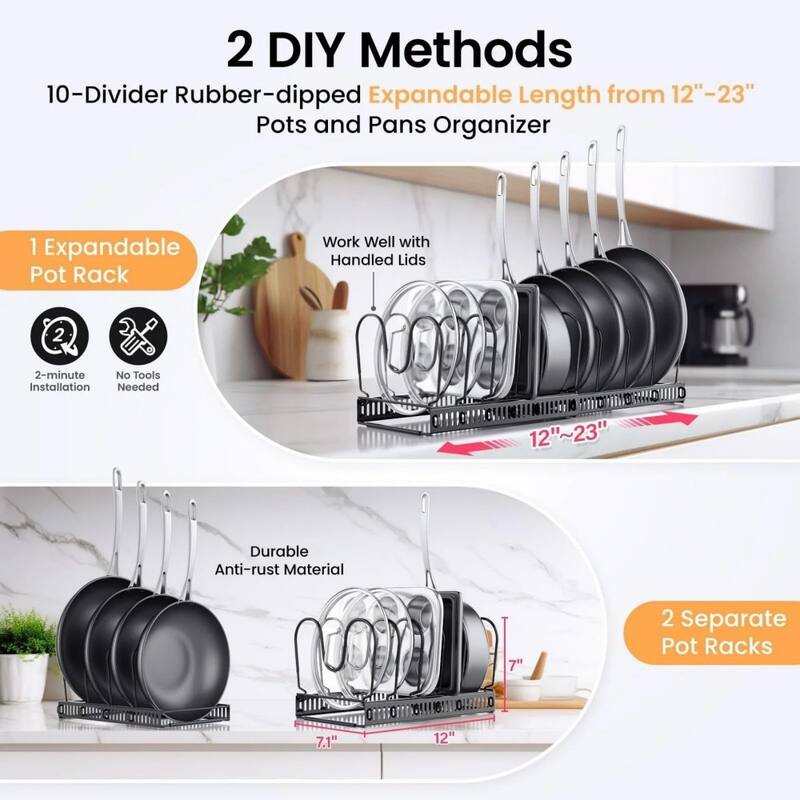 Adjustable Expandable Pot Lid Organizer, Space-Saving Cabinet Rack