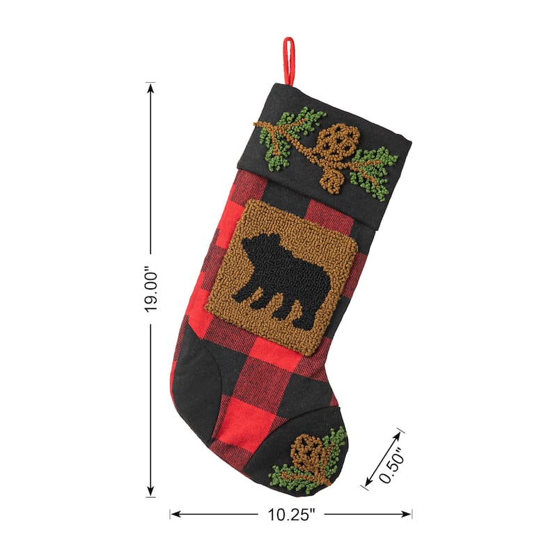 Glitzhome 19"L Plaid Hooked Stocking Reindeer Bear