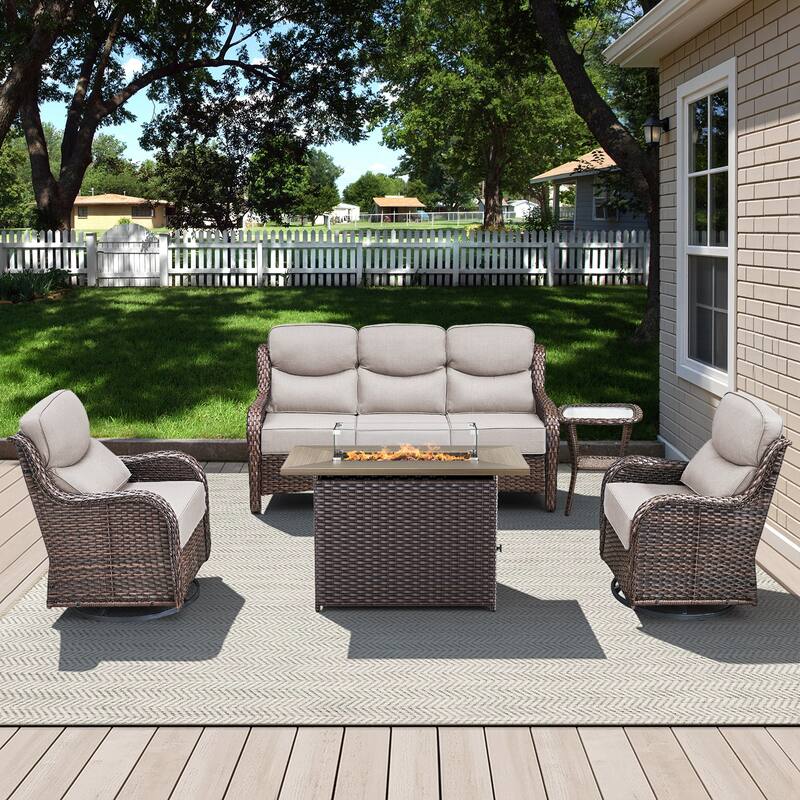 Meyreso 7-Piece Wicker Outdoor Patio Fire Pit Conversation Set with 6-Inch Thick Cushions - 5-Piece - Brown/Beige