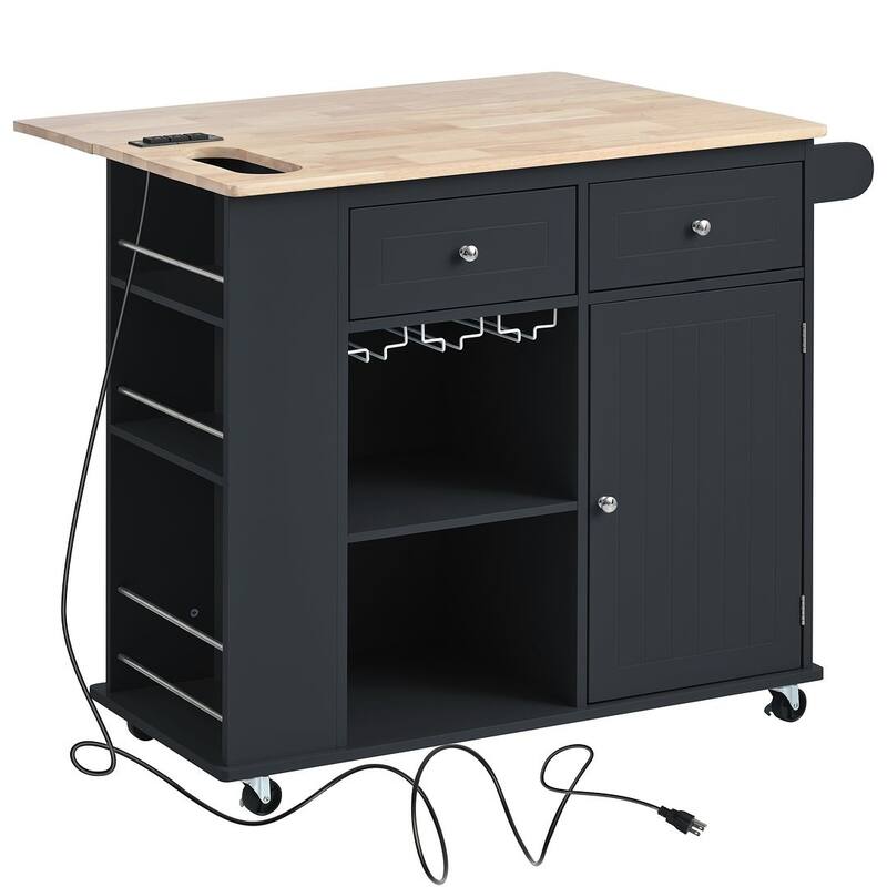 Kitchen Island Cart with Wheels ,Power Outlet, Drop Leaf, Wine Rack