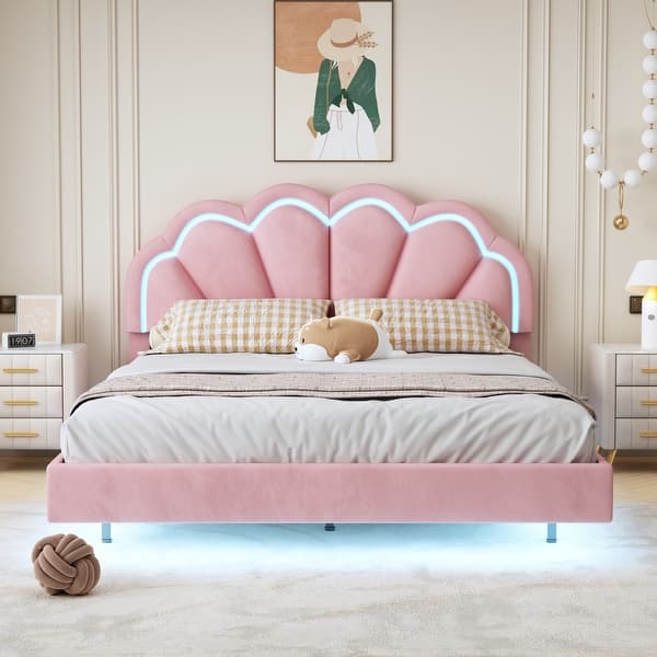 slide 2 of 18, Queen Platform Bed with LED and Floral Headboard Pink
