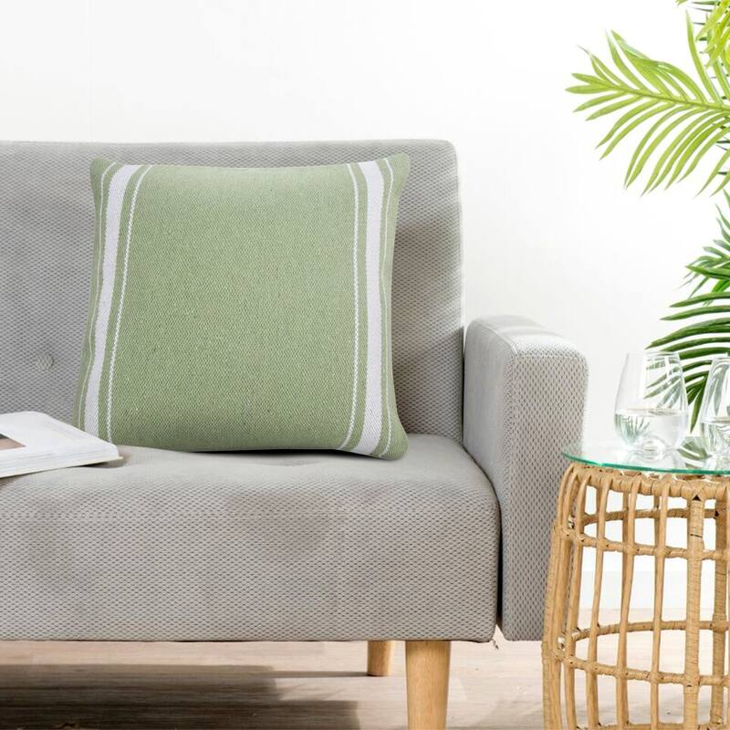 Handwoven Geometric Striped Cotton Throw Pillow Cover - 20" - Green and White