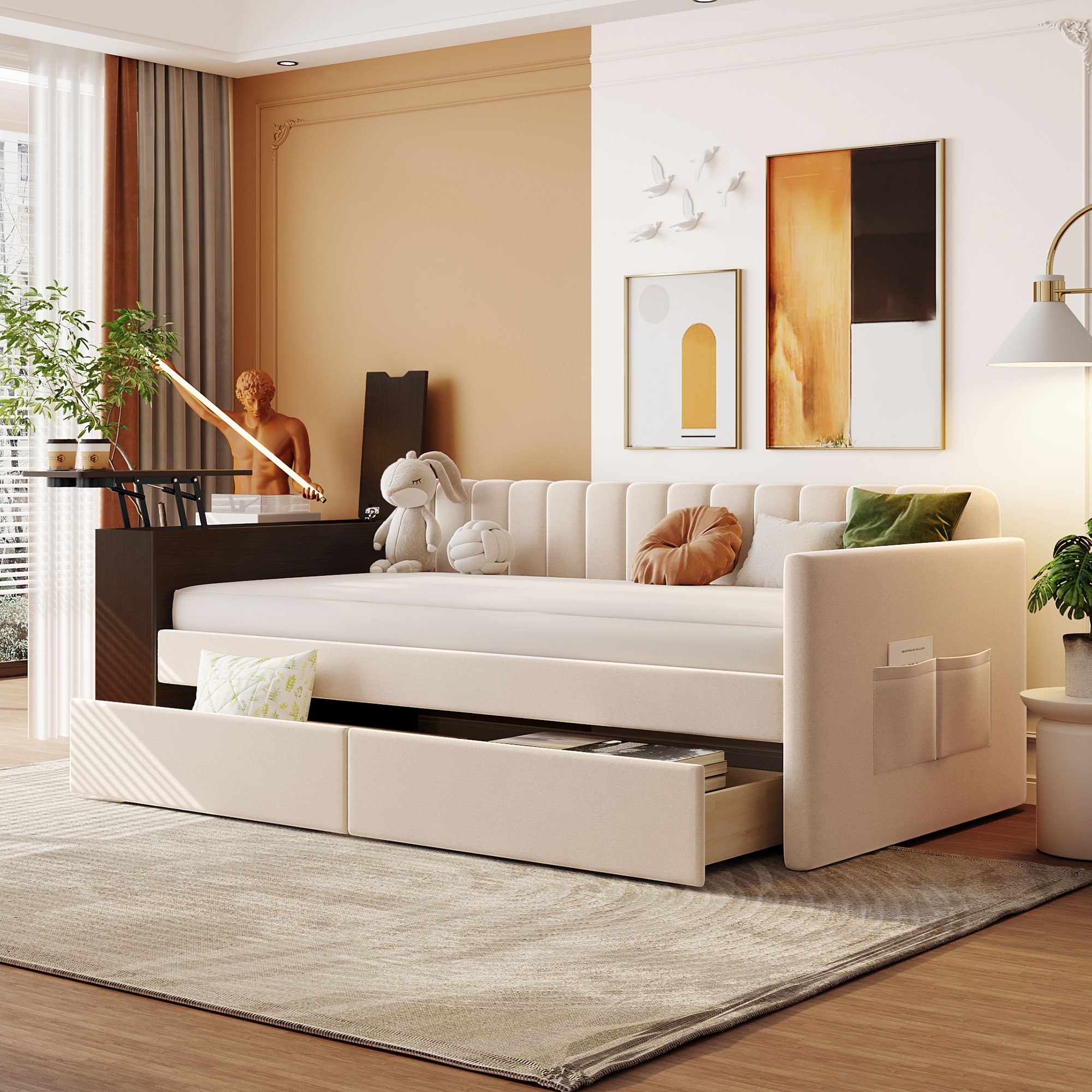 Multi-functional Daybed Twin Upholstered Daybed with 2 Drawers, Storage Armrest, USB, Cup Holder, Slat Support Daybed - Beige