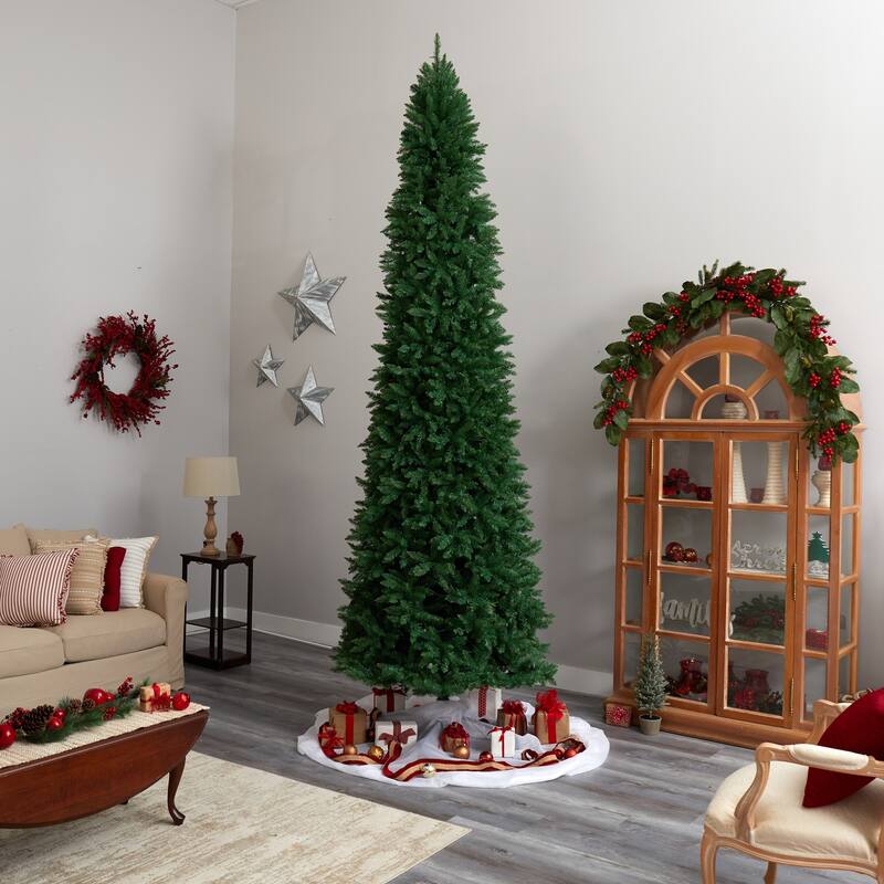 12ft. Slim Pine Artificial Christmas Tree with 1100 Clear LED Lights & 3235 Tips - Grand Seasonal Holiday X-Mas Display