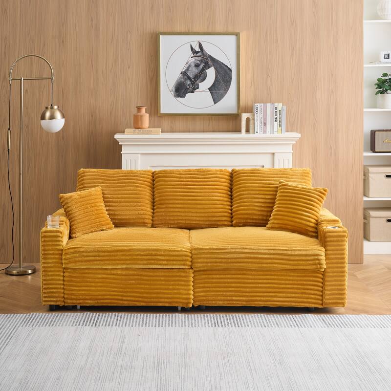 80-inch Orange Corduroy Pull-out Sofa with Foldable Reclining Function