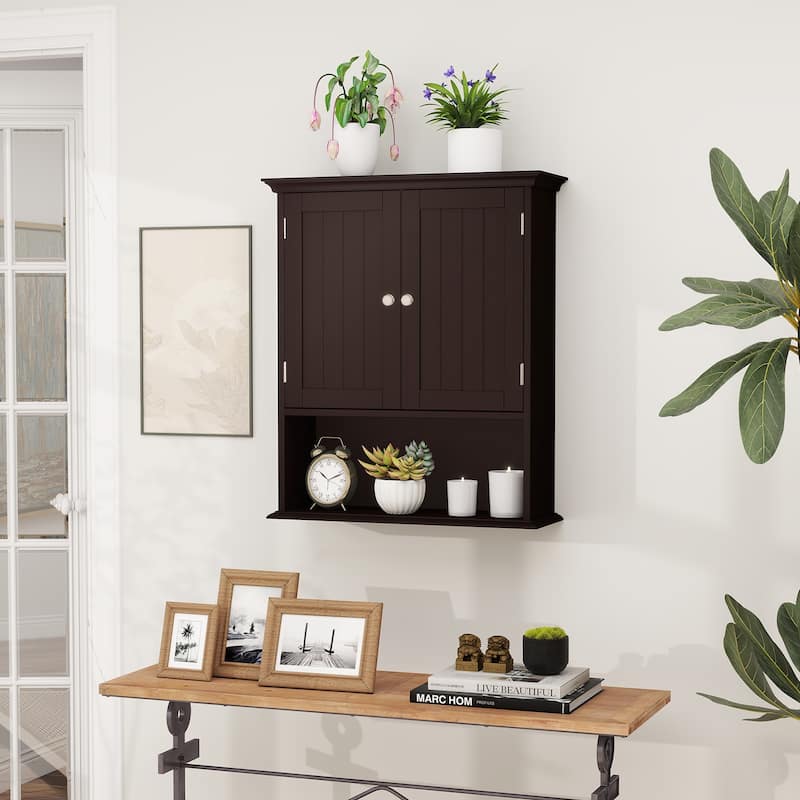 Wall Mounted MDF Bathroom Storage Cabinet with Doors and Shelf Organizer Ideal for Small Spaces - 23.5" x 7.5" x 28" (L x W x H) - Brown
