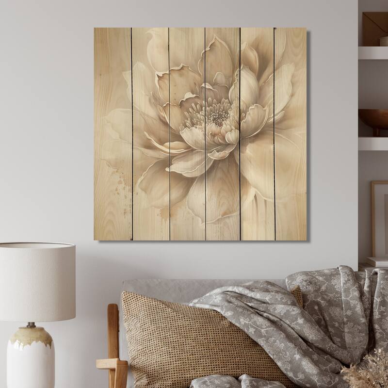 Designart 'Blooming Beige Floral Design III' Floral Wood Wall Art - Natural Pine Wood