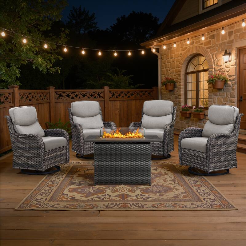 Meyreso 5-Piece Outdoor Patio Wicker Fire Pit 4 person Conversation Set with 5-Inch Thick Cushions - Beige Cushions - Gray Wicker