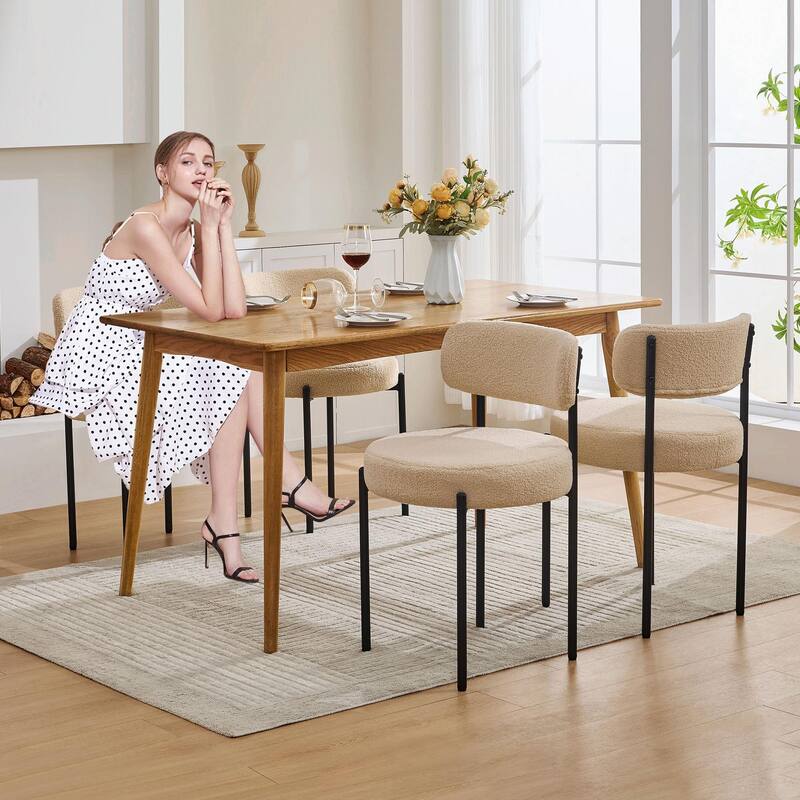 Set of 2 Modern Dining Chairs -Boucle Upholstery, Curved Backrest & Black Metal Legs