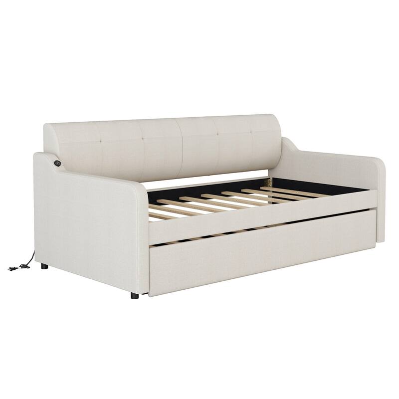 Twin Size Upholstered Daybed with Trundle and USB Charging, Beige
