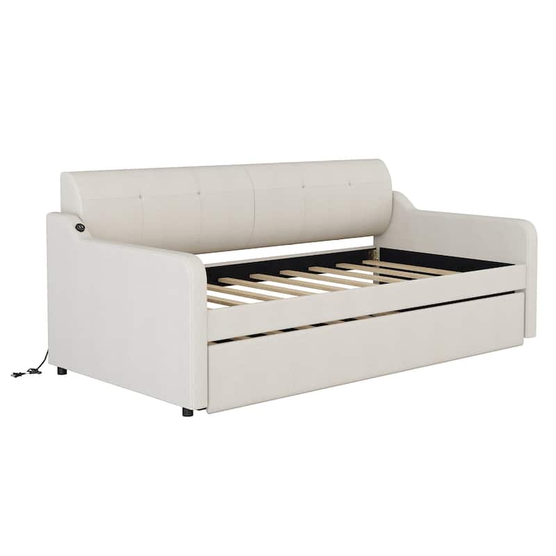 Twin Size Upholstery DayBed with Trundle and USB Charging Design,Trundle can be flat or erected