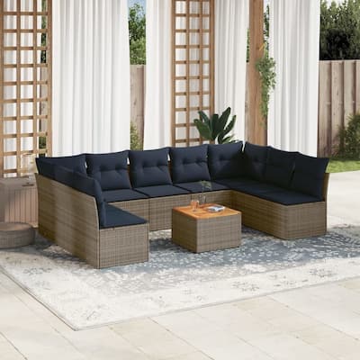 vidaXL 10 Piece Patio Sofa Set with Cushions Gray Poly Rattan - 24.4" x 24.4" x 27.2"