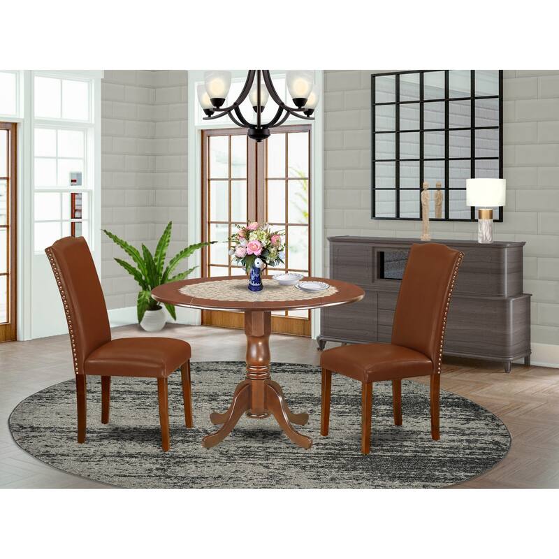 East West Furniture Kitchen Table Set- a Round Table and Brown Faux Faux Leather Dining Chairs, Mahogany (Pieces Options)