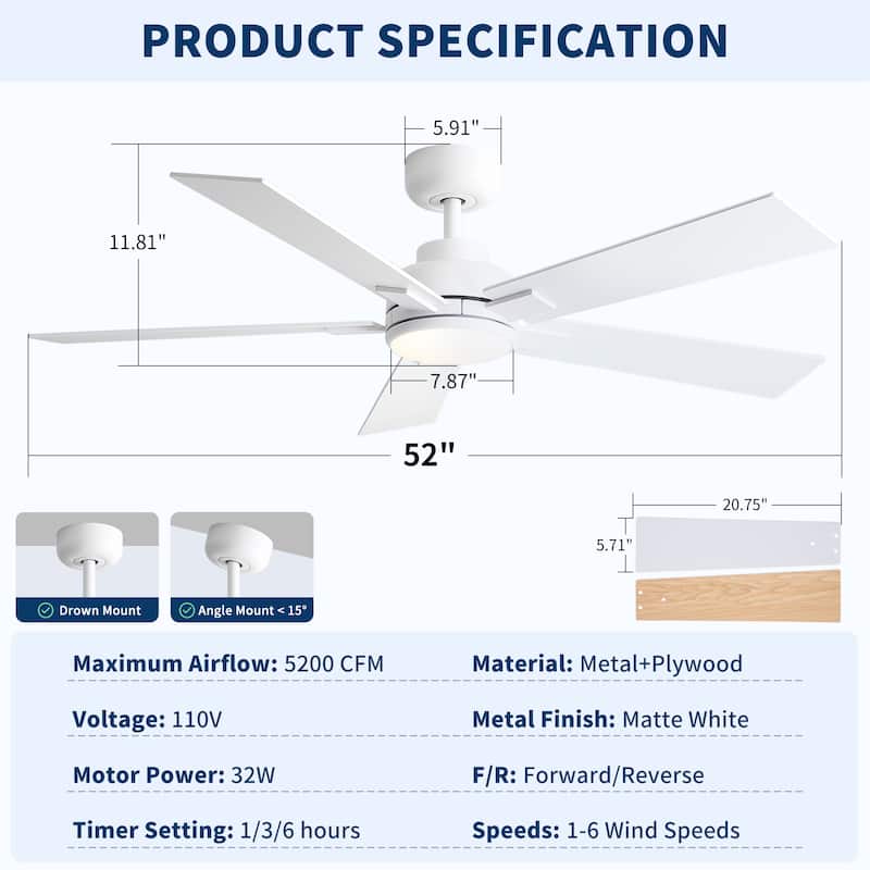 Cusp Barn 52" Modern Ceiling Fan with Light and Remote, LED Integrated Dimmable Reversible DC Motor Ceiling Fan for Living Room