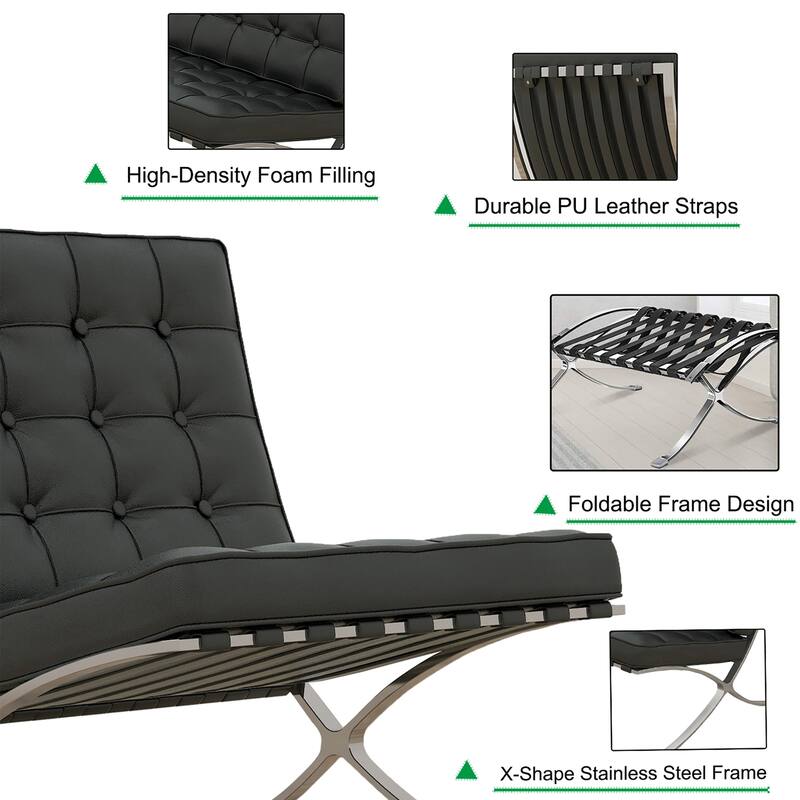 Barcelona Foldable Tufted Genuine Leather Mid Century Lounge Chair