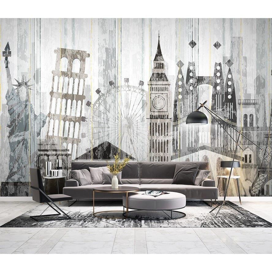 GK Wall Design City Big Ben Eiffel Tower Watercolor NYC Modern Wallpaper