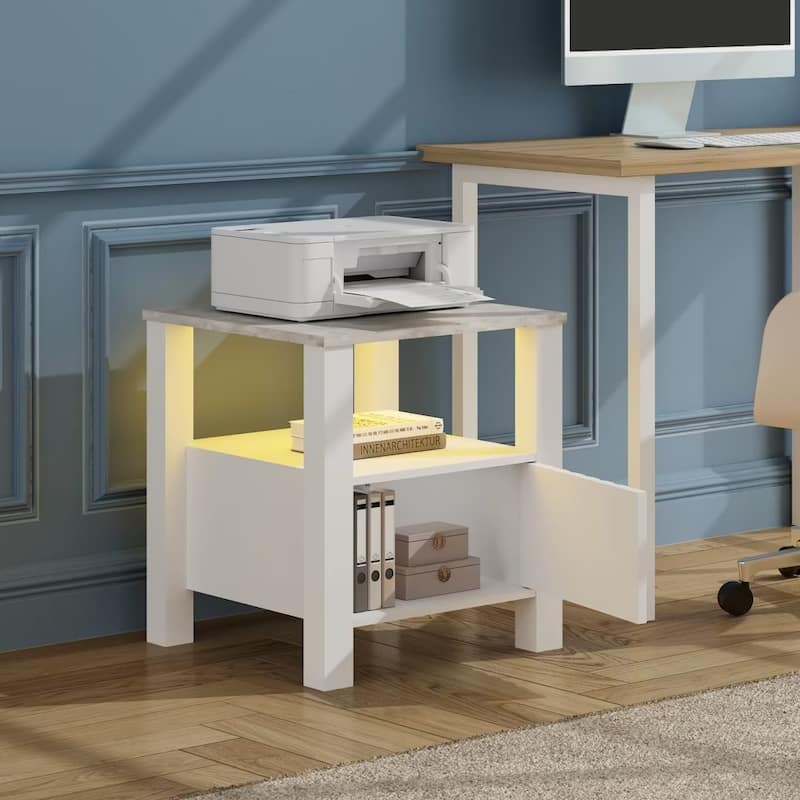 End Side Table with LED Light, White Nightstand with Storage(Set of 2)
