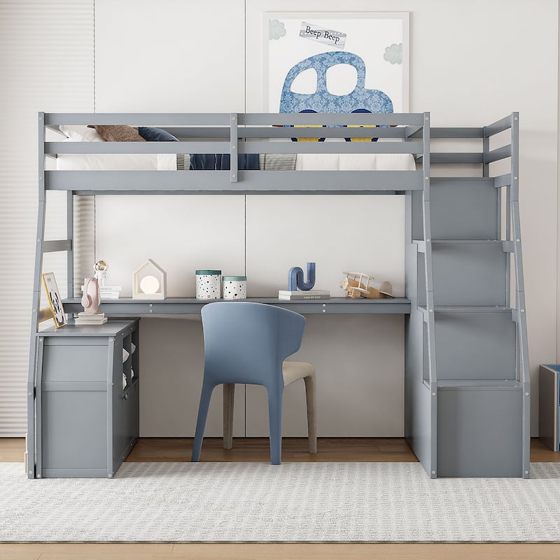 Wood Loft Bed with 7 Drawers 2 Shelves, Ladder and Desk for Kids, Bedroom
