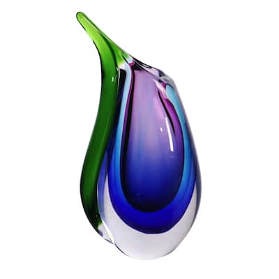 Luxury Lane Hand Blown Multicolor Sommerso Teardrop Art Glass Vase with Angled Lip 9.5 inch tall