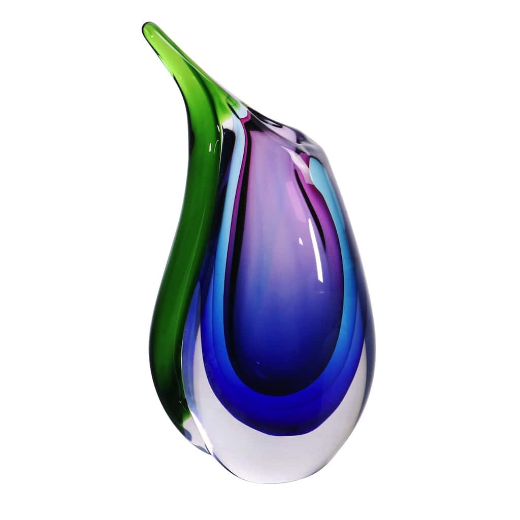 Luxury Lane Hand Blown Multicolor Sommerso Teardrop Art Glass Vase with Angled Lip 9.5 inch tall