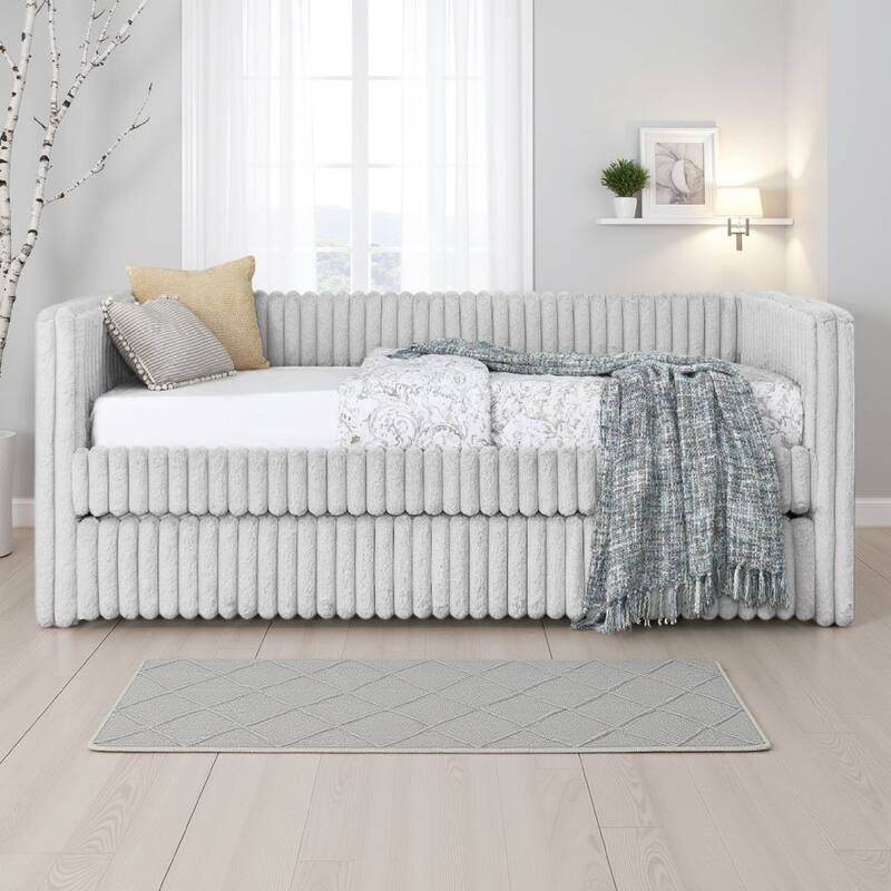 Keya Daybed w Pull Out Trundle, Channel Tufted Light Gray Upholstery