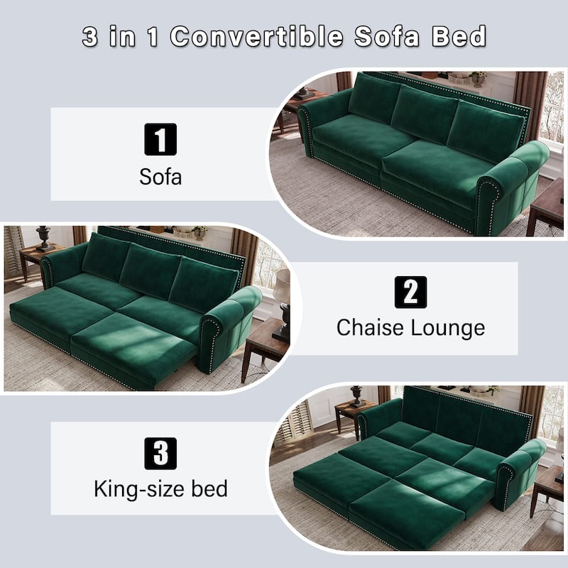 93.7" King Pull Out Sofa Bed w/ Nailhead Trim & Rolled Arm for Living Room Bedroom - Green