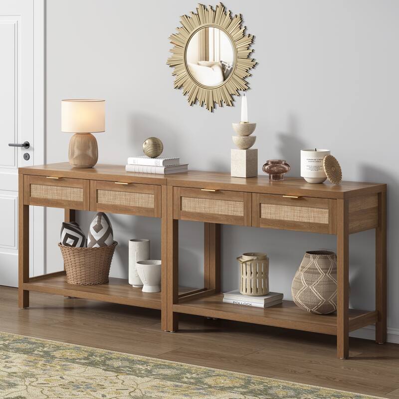 SICOTAS Rattan Console Table with 2 Drawers and Shelves - 30 x 39.4 x 13.8