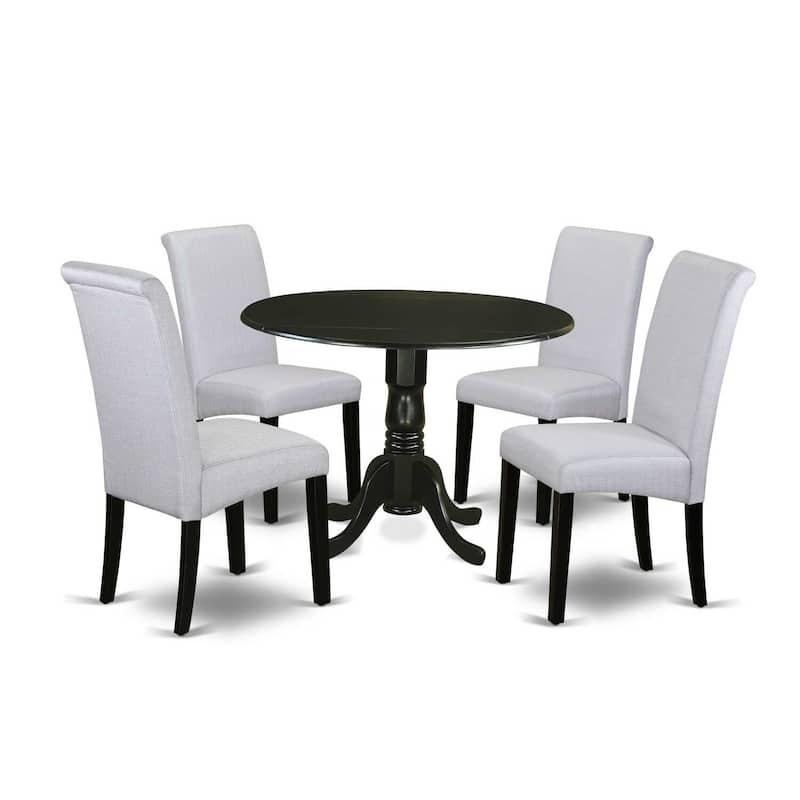 Rustic Round Dining Table Set 5Pc Kitchen Chairs Linen Grayish Blue Fabric