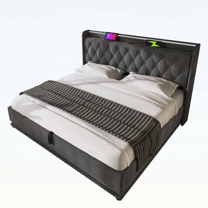 Classic Upholstered Bed with 360 LED Lighting,Hydraulic Storage,and USB Charging
