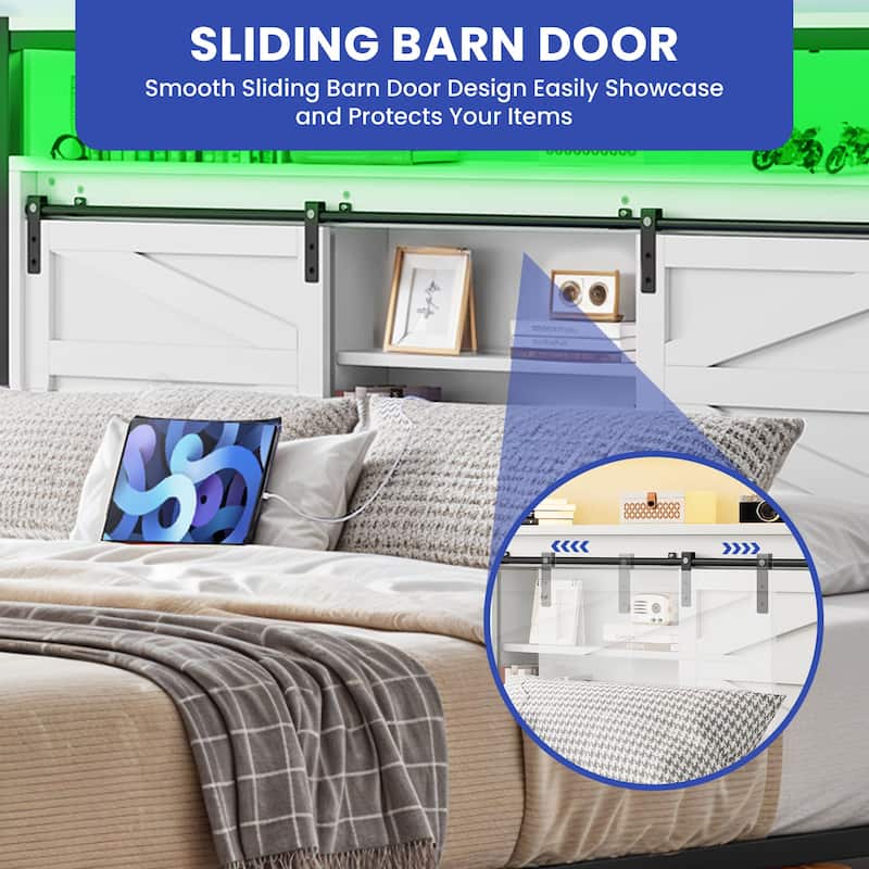 White Farmhouse Bed Frame with Sliding Barn Door Storage Cabinets