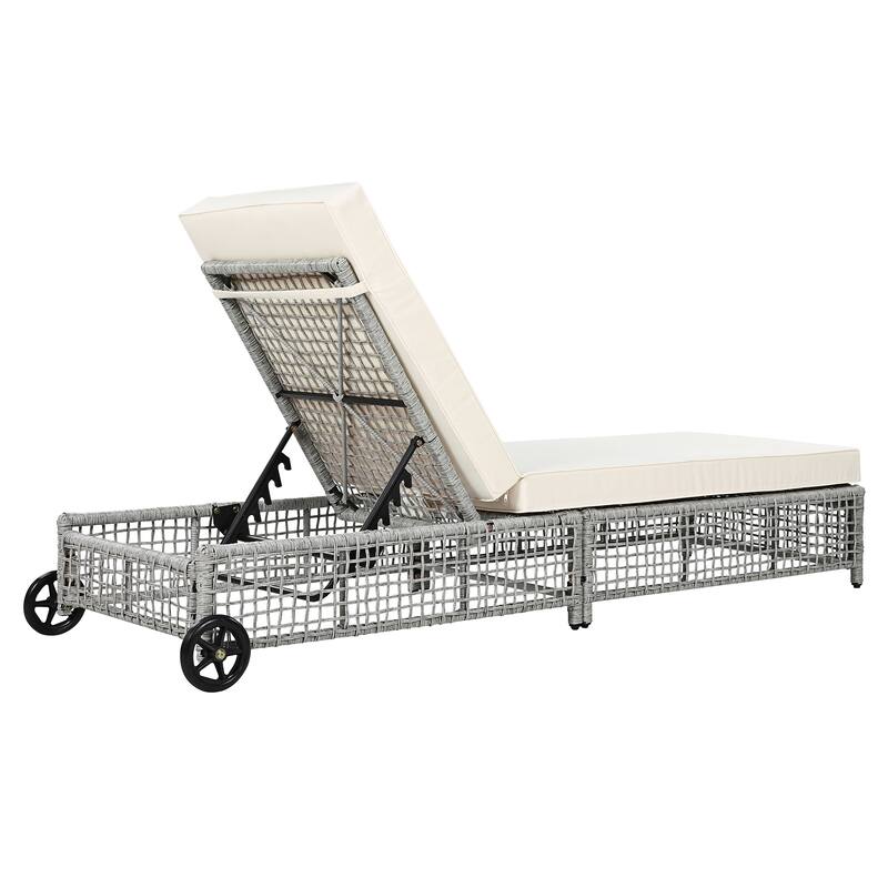 2 Pieces Outdoor Chaise Lounges Set for Poolside Garden, Adjustable Reclining Sun Lounger with Cushion & Wheels for 2 People