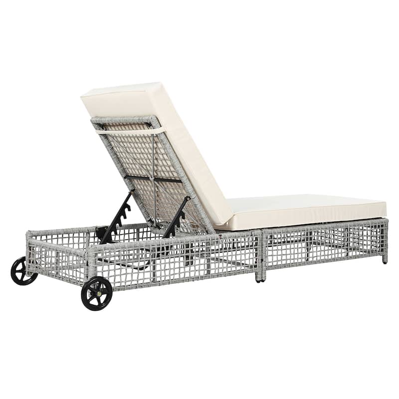 Set of 2 Rattan Outdoor Chaise Lounges with Wheels and Adjustable Backrest, Cushions for Poolside Backyard Garden