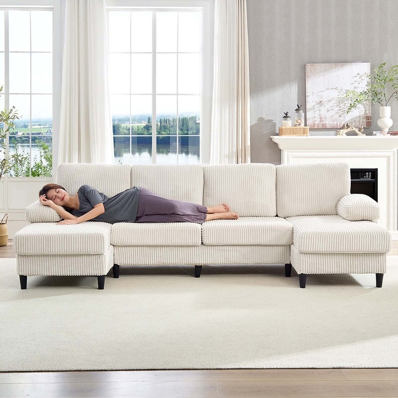 Mixoy W110"U-Shaped Sectional Sofa Couches with Double Chaises and Sleepable Armrests,Corduroy Upholstered 4-Seater Sofa