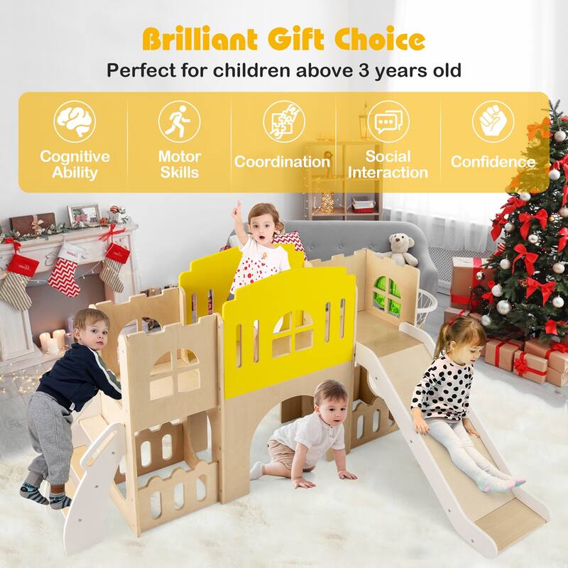 Gymax 7-in-1 Toddler Slide Set Wooden Castle-Shaped Entertainment