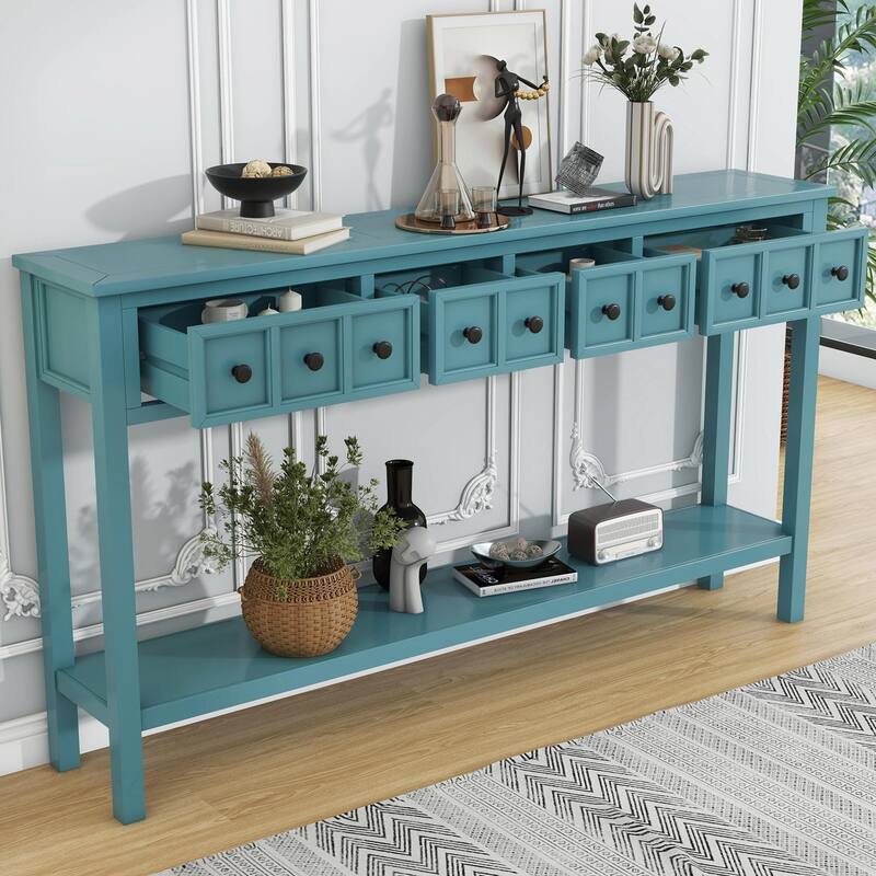 60" Rustic Entryway Console Table with Two Drawers and Bottom Shelf