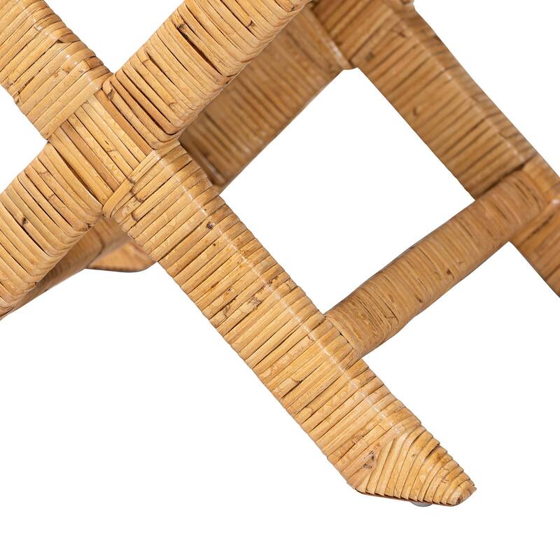 Modesta Natural Rattan Accent Bench - Handwoven Wicker Seating with Scalloped Apron and X-Frame Base, Coastal Boho Seating