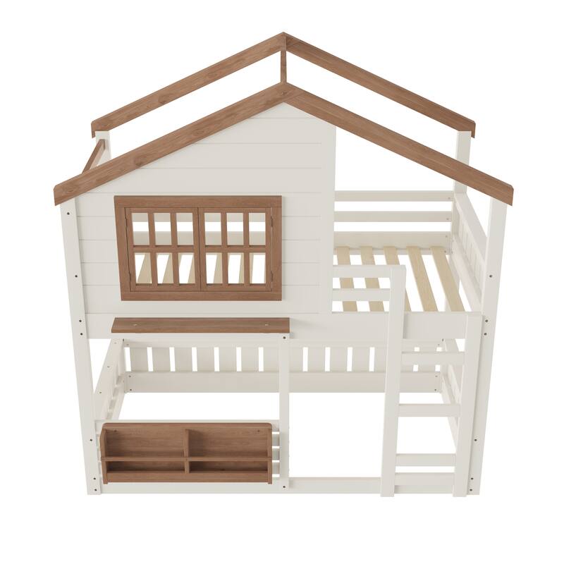 Full/Twin Bunk Bed with Bookshelf, House Design Loft Bed with Safety Fencing, High-Quality Kids Bed Frame