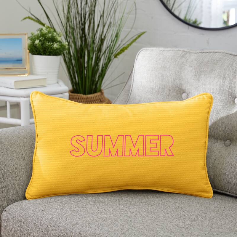 Sunbrella Canvas Embroidered "SUMMER" Indoor/Outdoor 13x20 Corded Pillow (Single) - 13 in L x 20 in W - Sunflower Yellow