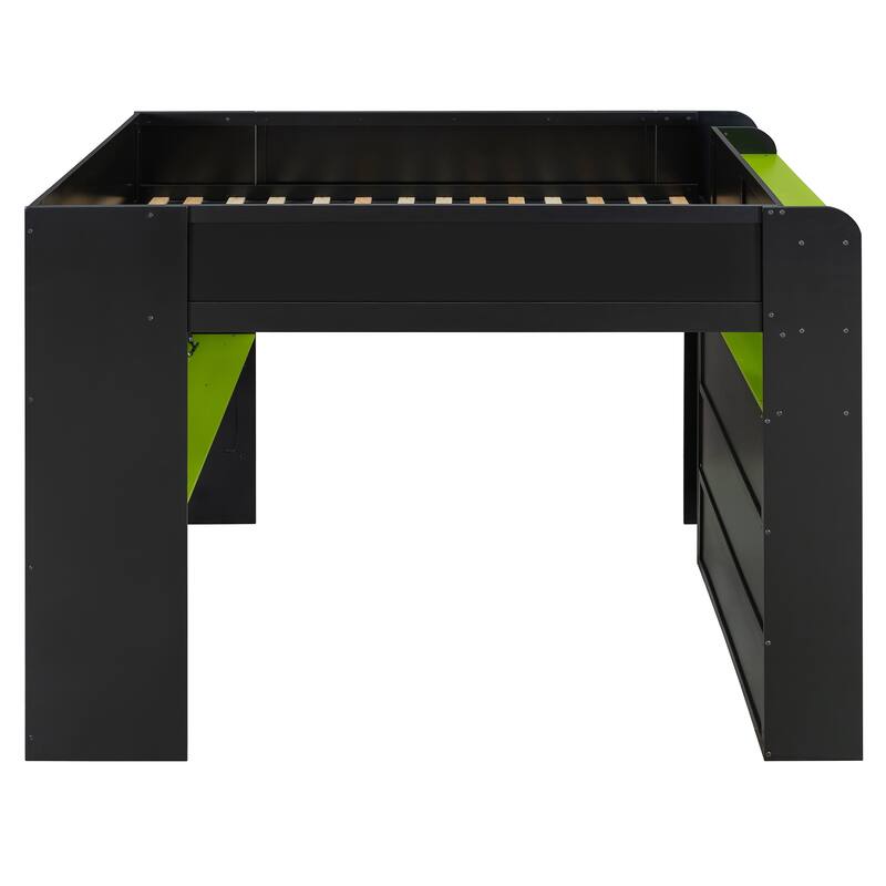 Roomfitters Full Size Loft Bed with Adjustable Desk, Wardrobe Storage, and RGB Lighting