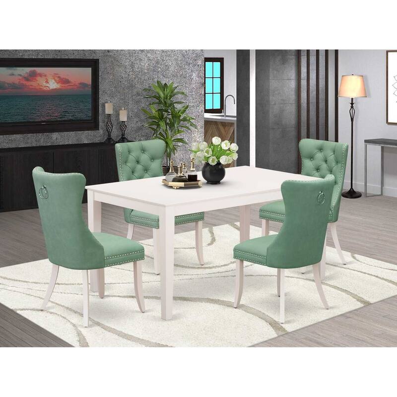 5-Piece Rectangular Linen White Finish Solid Wood Top-Upholstered Dining Room Set-Seats 4