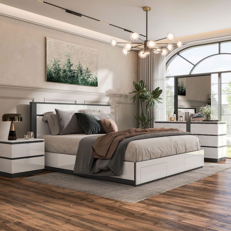 Furniture of America Conjira Modern 4-Piece White Wood Storage Bedroom Set - King