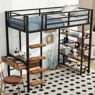 Twin Size Bed Frame with Built-in Wood Desk, Shelves and Storage Drawer, Metal Loft Bed with Safety Guardrail & Ladder