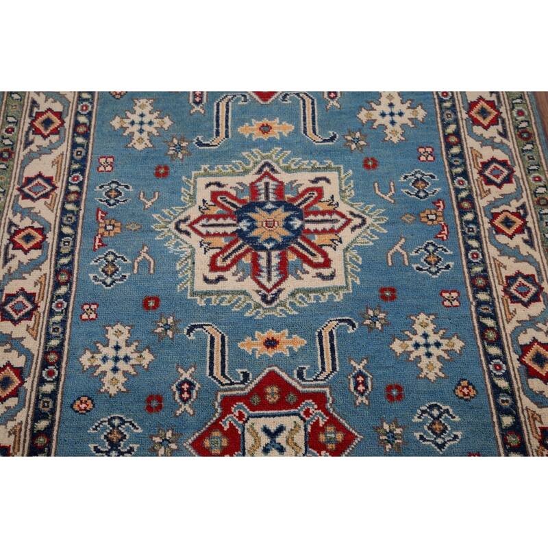 Blue Geometric Kazak Accent Rug Hand-Knotted Wool Carpet - 3'4" x 5'0"