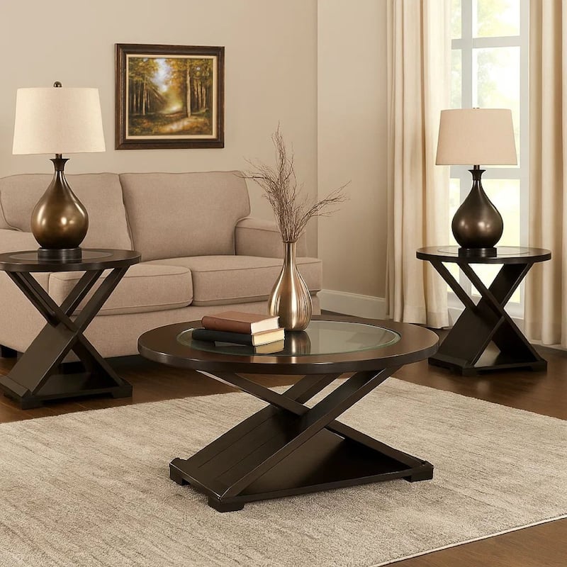 3 Piece Round Glass Coffee Table and End Table with X Shaped Base, Brown